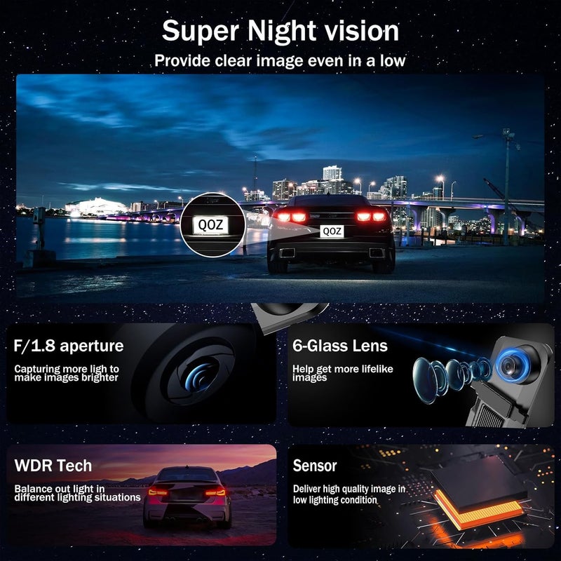 QOZ Mirror Dual Dash Camera for Car, Dashcam 4K Front 1080P IMX307 Rear View/ADAS BSD LCA Wi-Fi&APP WDR Night Vision G-Sensor Loop Recording Parking Monitor 64GB Card - Image 3